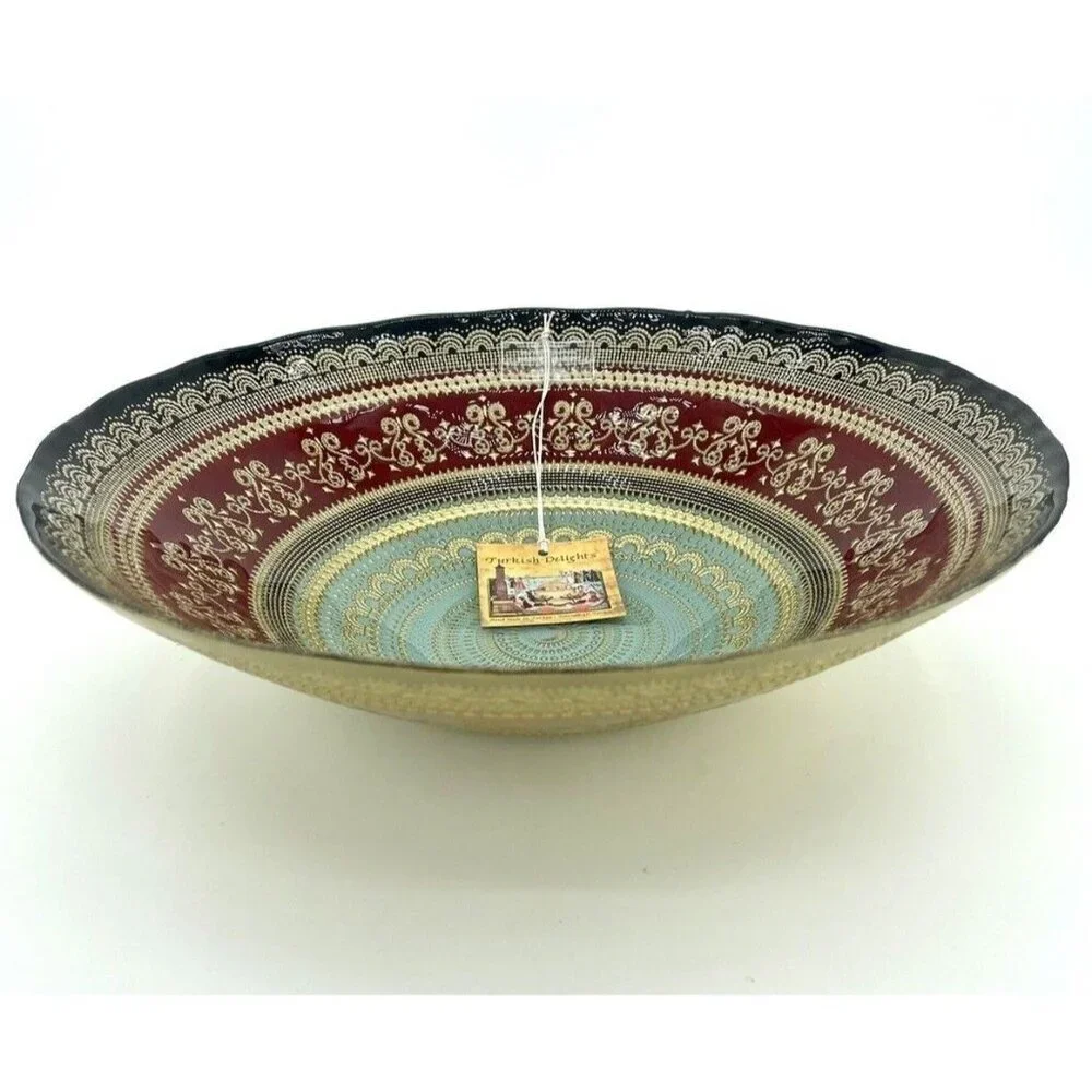 Turkish Delights Glass Bowl Serving Dinner Red Blue Gold Handmade 11.75” NWT